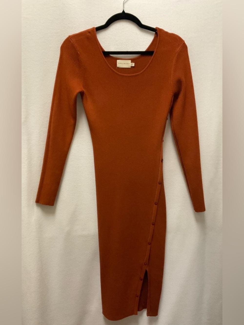 Dreamers Long-Sleeve Ribbed Midi Dress in Rust Orange